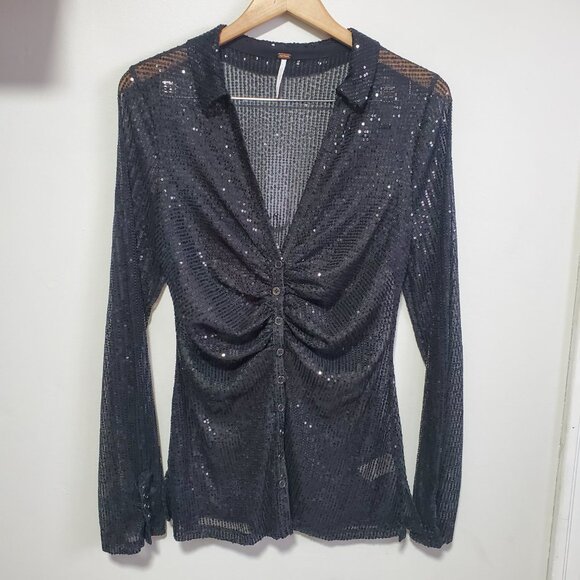FREE PEOPLE Sequin Shirtee Button Up Blouse Top Ruched Sheer Black Women's Large - Picture 2 of 12